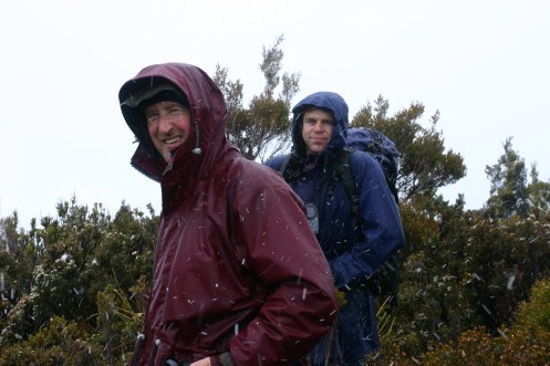 Dale and Matt on the summit of the Princess Range in snowfall 1