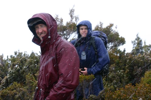 Dale and Matt on the summit of the Princess Range in snowfall 2