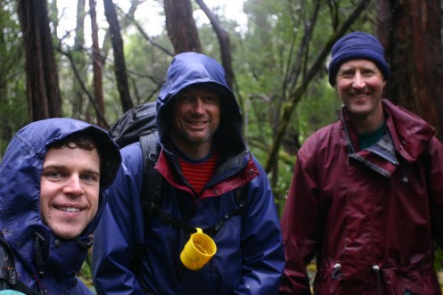 Matt, Richard, Dale, in the scrub, in the rain
